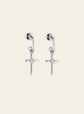 Daisy cross earrings with pink zirconia, silver