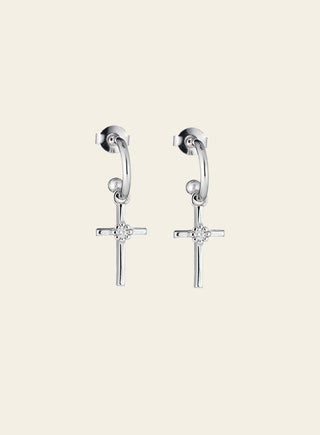 Daisy cross earrings with clear stone, silver