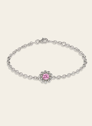 Daisy bracelet with a pink stone, silver