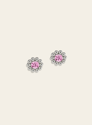 Daisy earrings with pink stone, silver