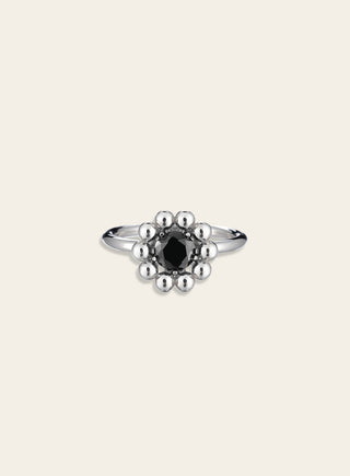 Daisy ring with a black stone, silver