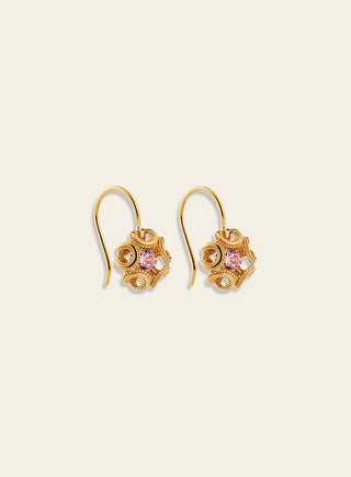 Alma earrings with pink zirconia, yellow gold plated silver